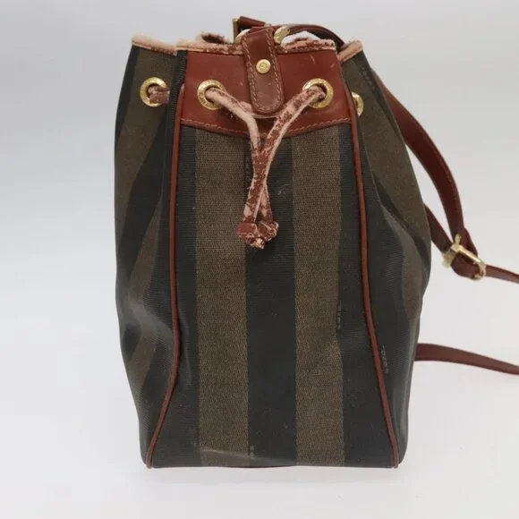 FENDI Pecan Canvas Shoulder Bag Brown Black Gold Auth 102701